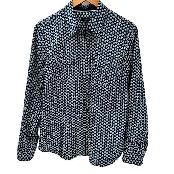 Talbots Blouse Womens 14 Button Up Blue Fan Print Long Roll Tab Sleeve Coastal - Picture 1 of 12